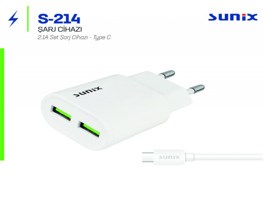 Sunix S214 TypeC Kablolu 2.1A Seyahat Şarj Seti Satpa