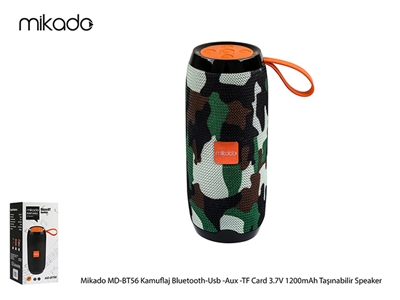 Mikado MD-BT56 Kamuflaj Desenli Bluetooth-Usb -Aux -TF Card 3.7V 1200mAh Taşınabilir Speaker - 8680096090837