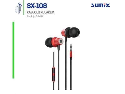 Sunix Sx-108 Mobil Telefon Uyumlu Kırmızı Yüksek Bass Kulak içi Kulaklık