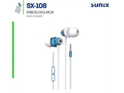 Sunix Sx-108 Mobil Telefon Uyumlu Mavi Yüksek Bass Kulak içi Kulaklık