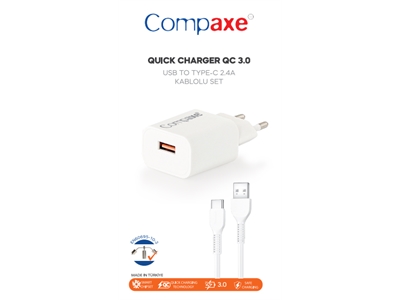 COMPAXE 18W USB TO TYPE-C KABLOLU SET BEYAZ - 8680331009938
