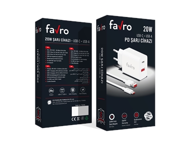 Favro 20W USB-A + USB-C Şarj Başlık + USB / Type-C Şarj Kablosu
